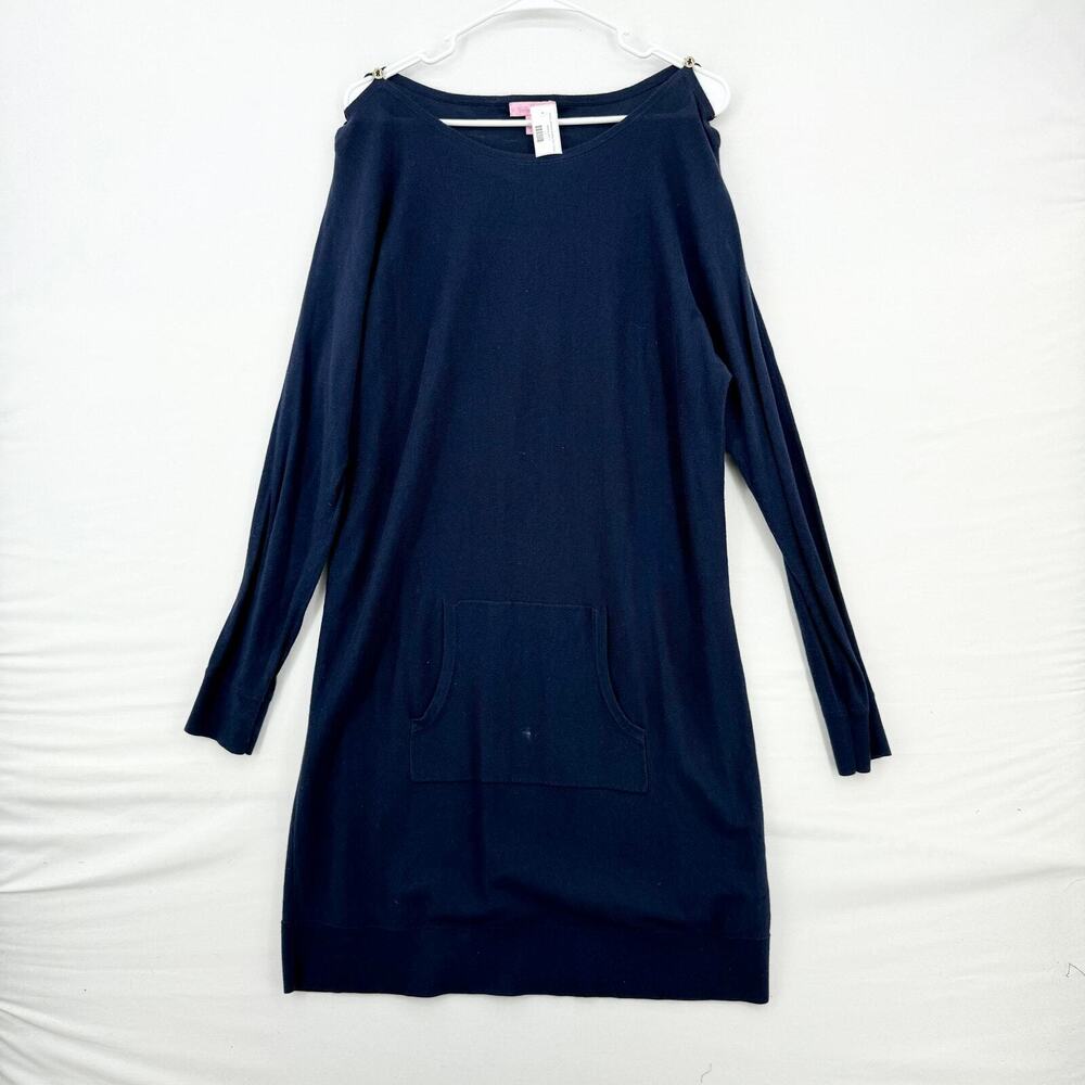 LILLY PULITZER Dress Women Size Large Midi Navy Blue Long Sleeve Wide Neck